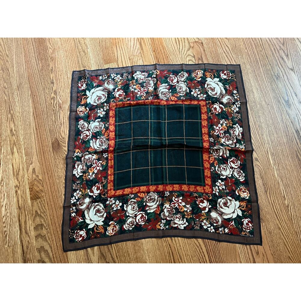 Oscar de la Renta EUC Brown Floral Plaid Print Silk Scarf 30" x 30" Square